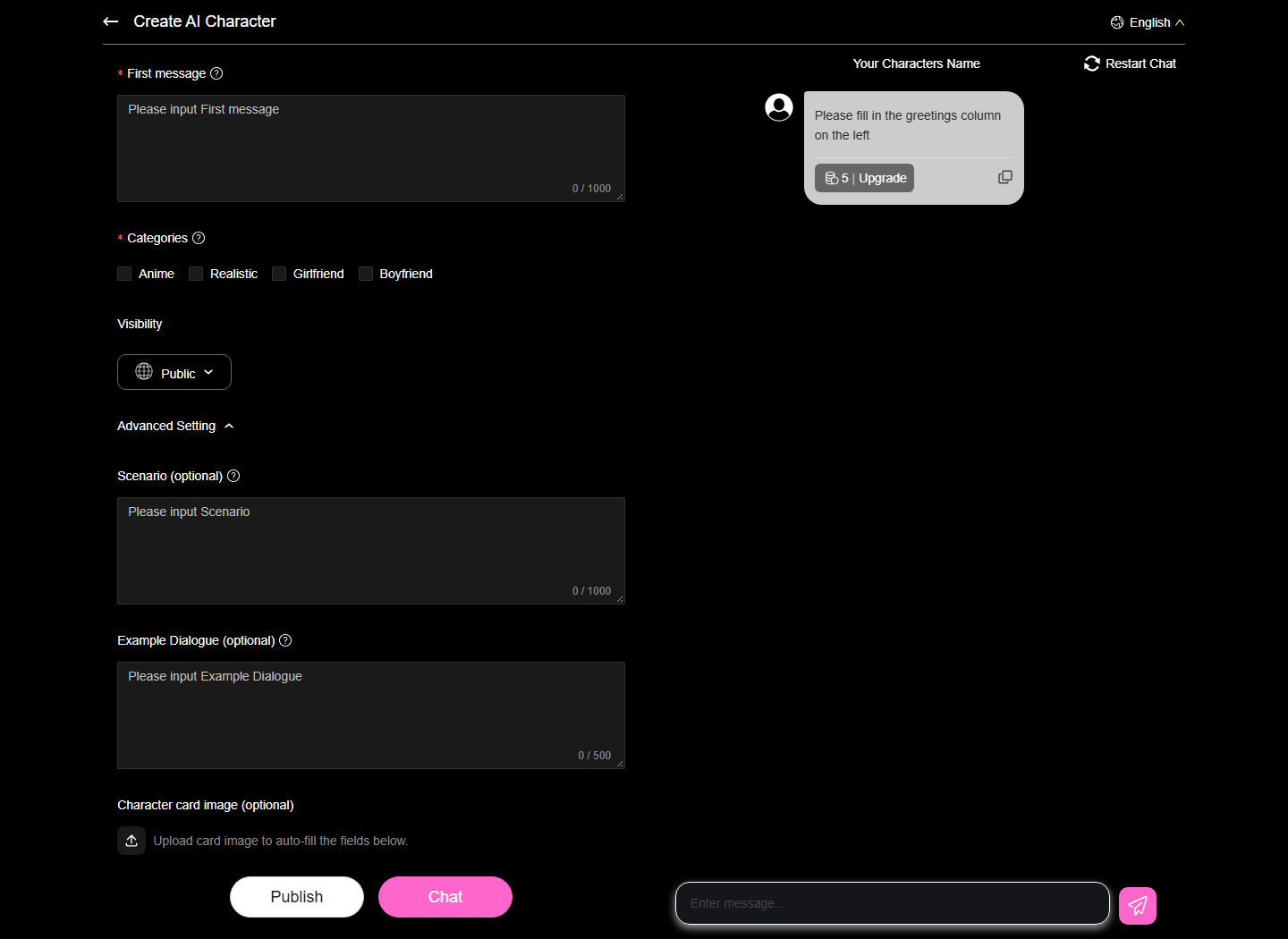 محرر Gening AI الموسع مع حقلي Scenario وExample Dialogue فارغين ورفع صورة بطاقة اختياري.