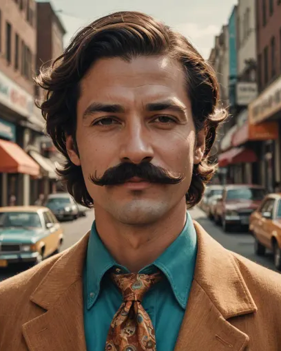 Leo Stanton بشارب مجعد، وسترة بلون أسمر وربطة عنق منقوشة في شارع. المصدر: Gening AI.